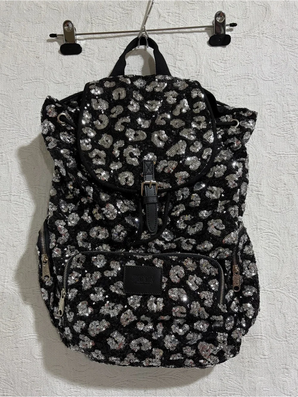 Victoria's Secret PINK Leopard Cheetah Backpack Bag Sequin Black Silver RARE